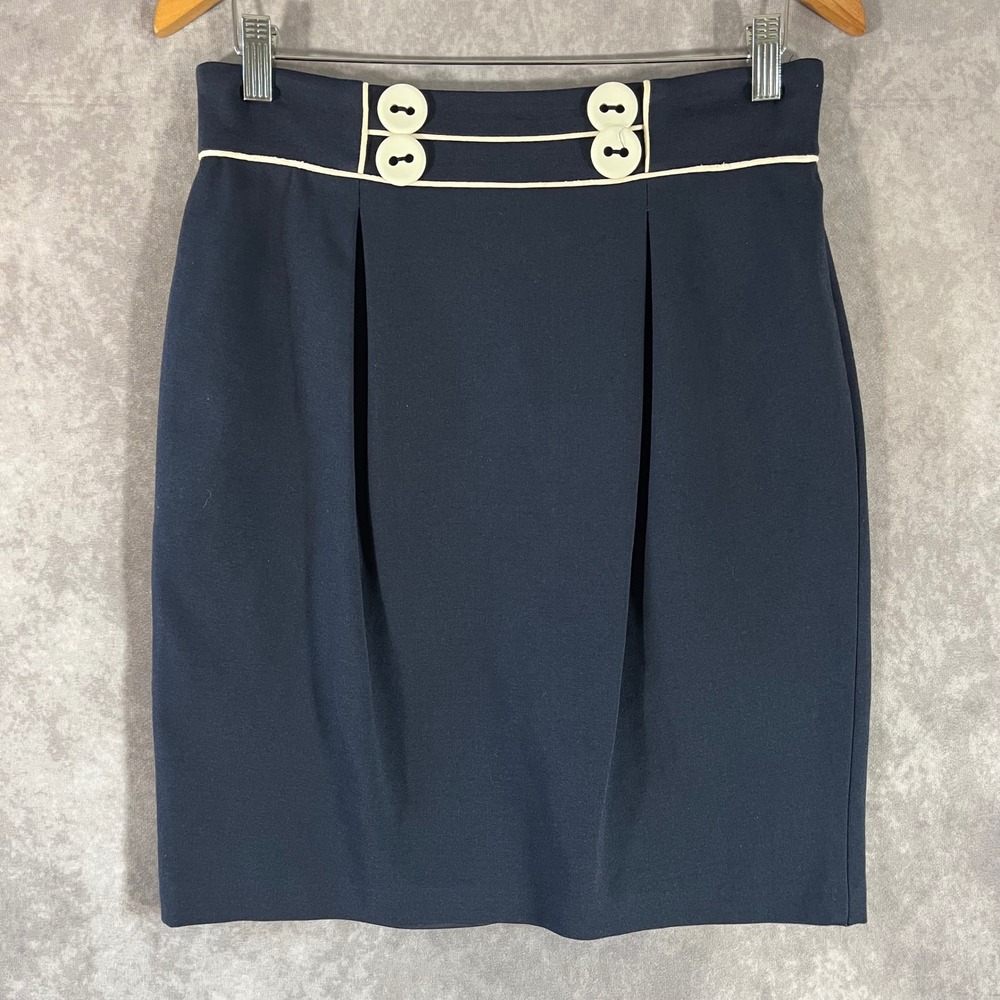Cynthia Steffe Pencil Skirt Women 8 Navy Nautical Button Trim High Waist Mid
